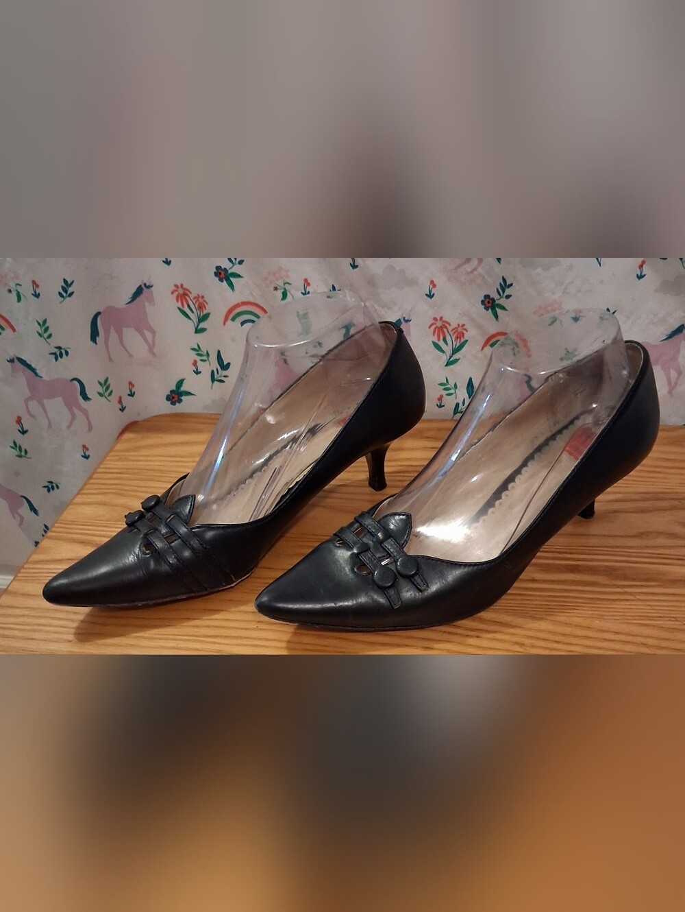 EUC Vintage 90s Oscar De La Renta Navy Leather Business Casual Heel Shoe SZ 7.5